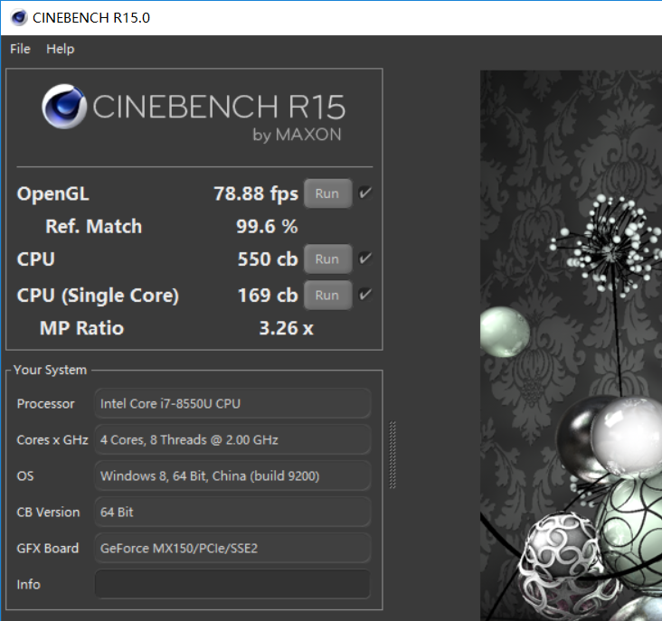 Xiaomi Mi Notebook Pro CineBench R15 processor performance test result